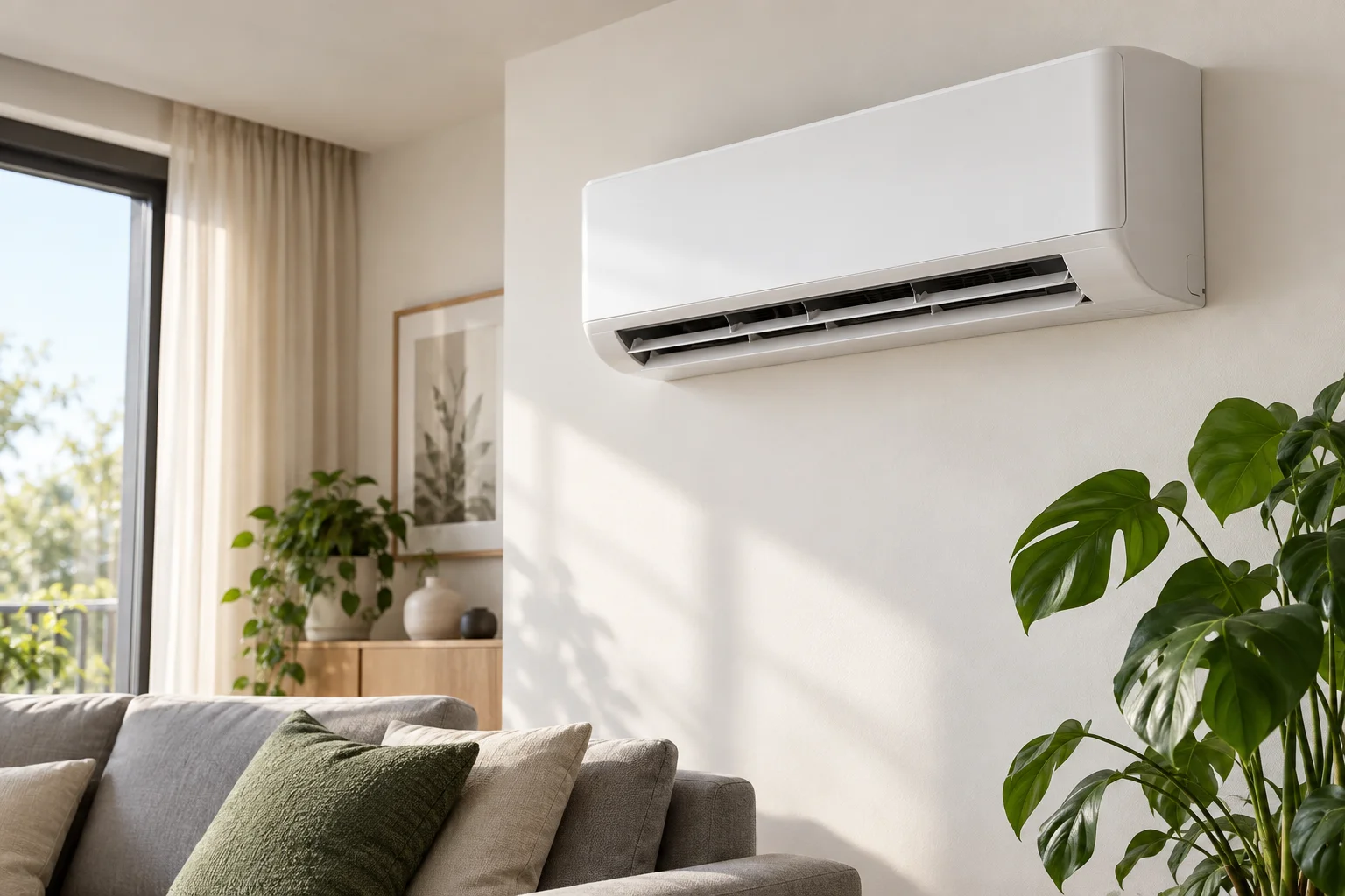 Klimatyzator ścienny w jasnym wnętrzu
